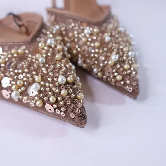 ZARA NWT Mesh Beaded Slingback Heel Light Brown Women's 38/US 7.5 - Picture 3 of 8